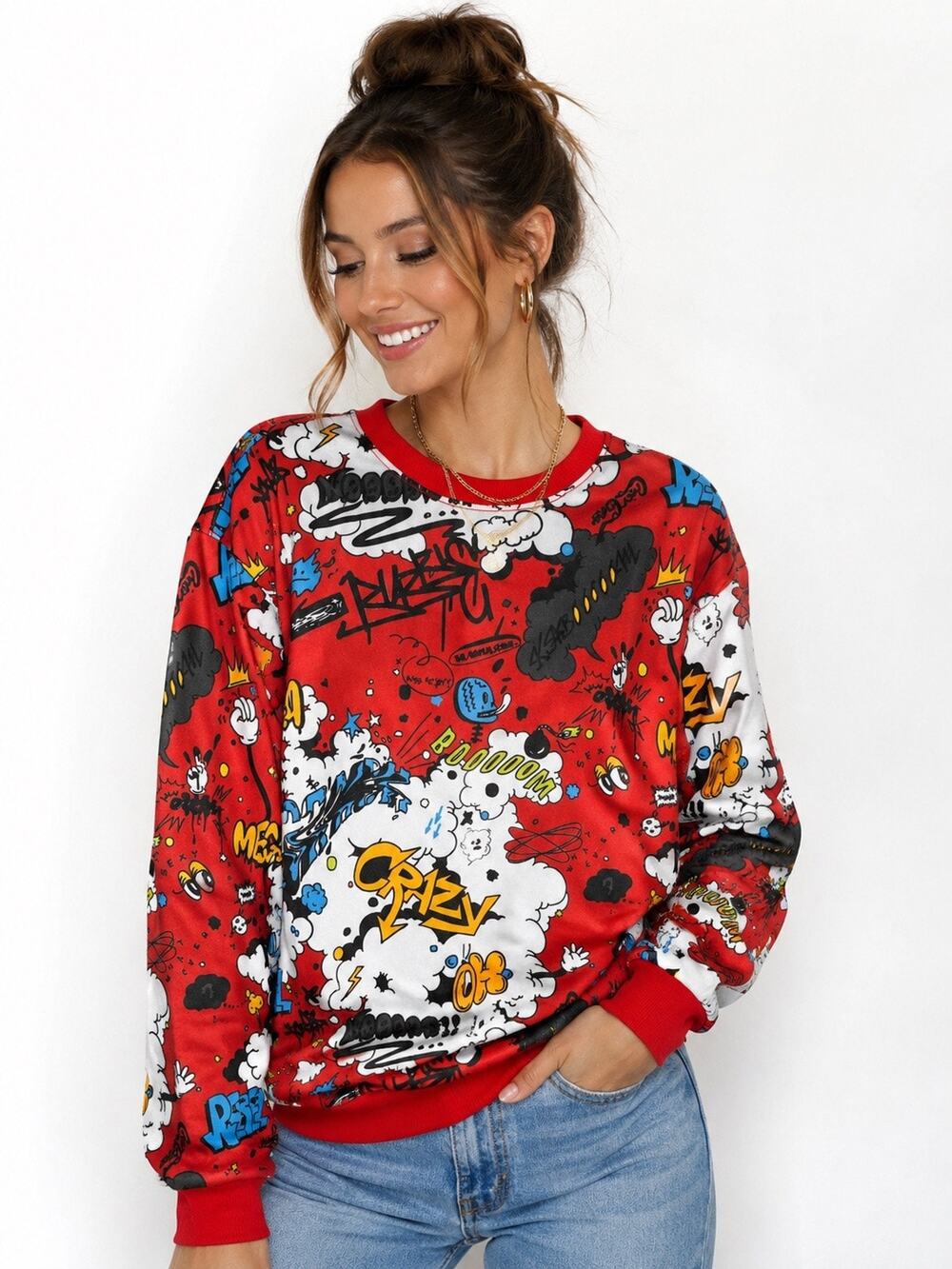 Screenshot Graffiti Comic Print Crewneck Sweatshirt XL Red Streetwear